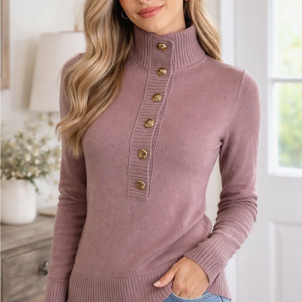 Tory Burch Mauve Merino Wool Cashmere Button-Up Turtleneck Sweater Gold Button
